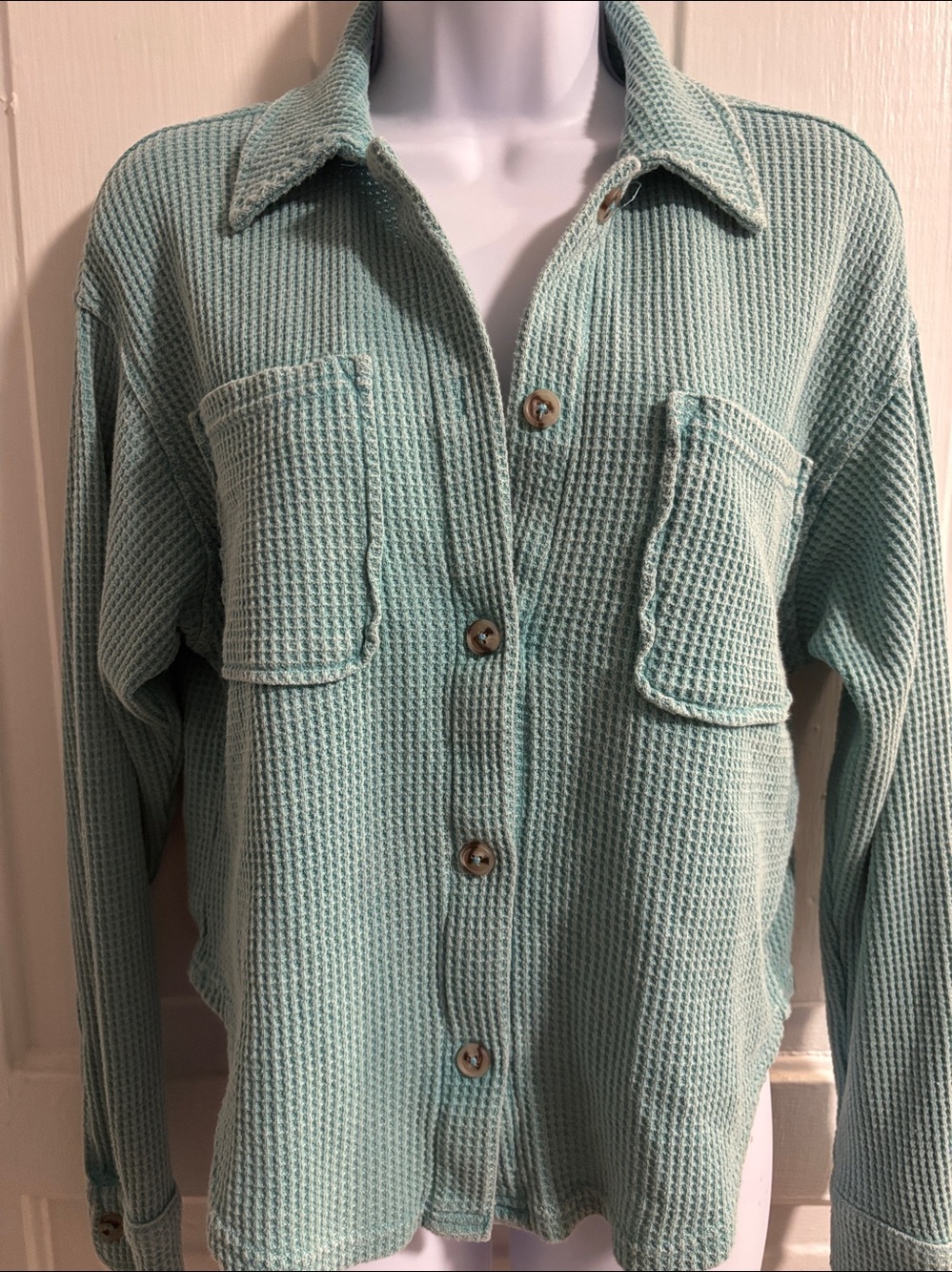 Hippie RoseWaffle Knit Button-Front Shacket in Mint Green Size S